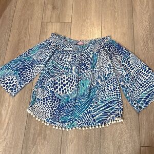 Lilly Pulitzer Off-Shoulder Blouse Sz L blue, green, white